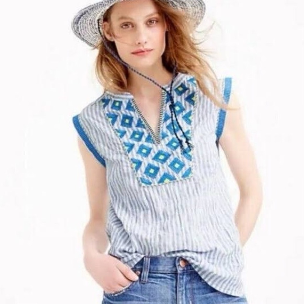 J Crew Embroidered Blue and White Stripe Sleeveless Sunburst Top - Size 8